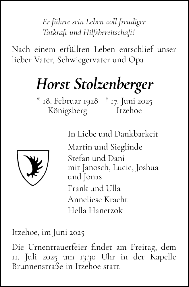  Traueranzeige für Horst Stolzenberger vom 28.06.2025 aus Norddeutsche Rundschau, Wilstersche Zeitung, Glückstädter Fortuna