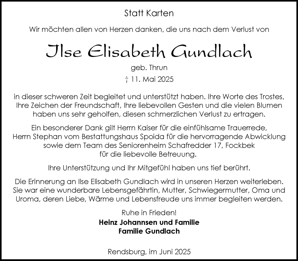  Traueranzeige für Ilse Elisabeth Gundlach vom 07.06.2025 aus Schleswig-Holsteinische Landeszeitung