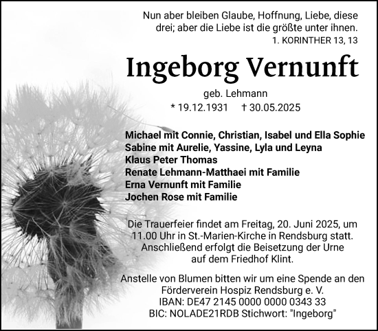 Traueranzeige von Ingeborg Vernunft von Schleswig-Holsteinische Landeszeitung