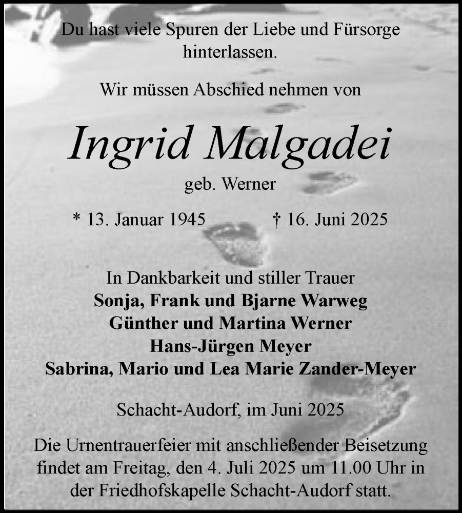  Traueranzeige für Ingrid Malgadei vom 28.06.2025 aus Schleswig-Holsteinische Landeszeitung