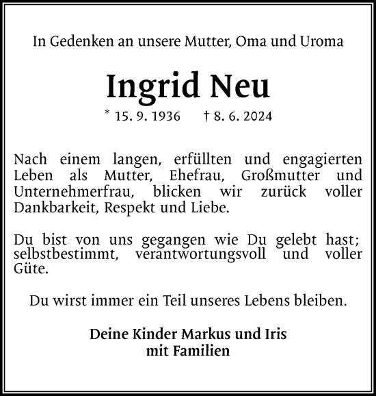 Traueranzeige von Ingrid Neu von Region Pinneberg und tip Pinneberg