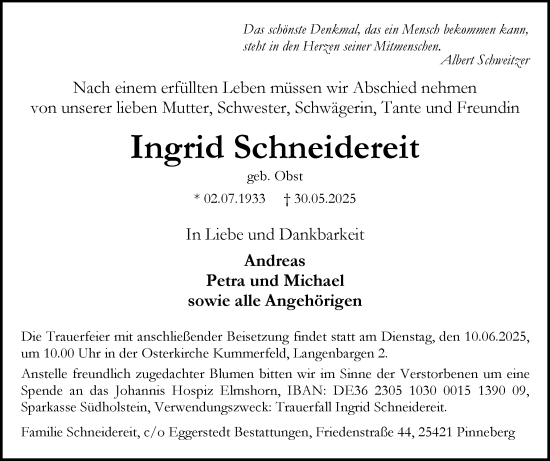 Traueranzeige von Ingrid Schneidereit von Region Pinneberg und tip Pinneberg