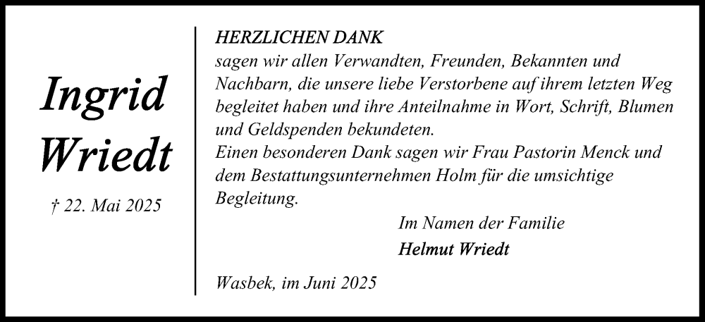  Traueranzeige für Ingrid Wriedt vom 28.06.2025 aus Holsteinischer Courier