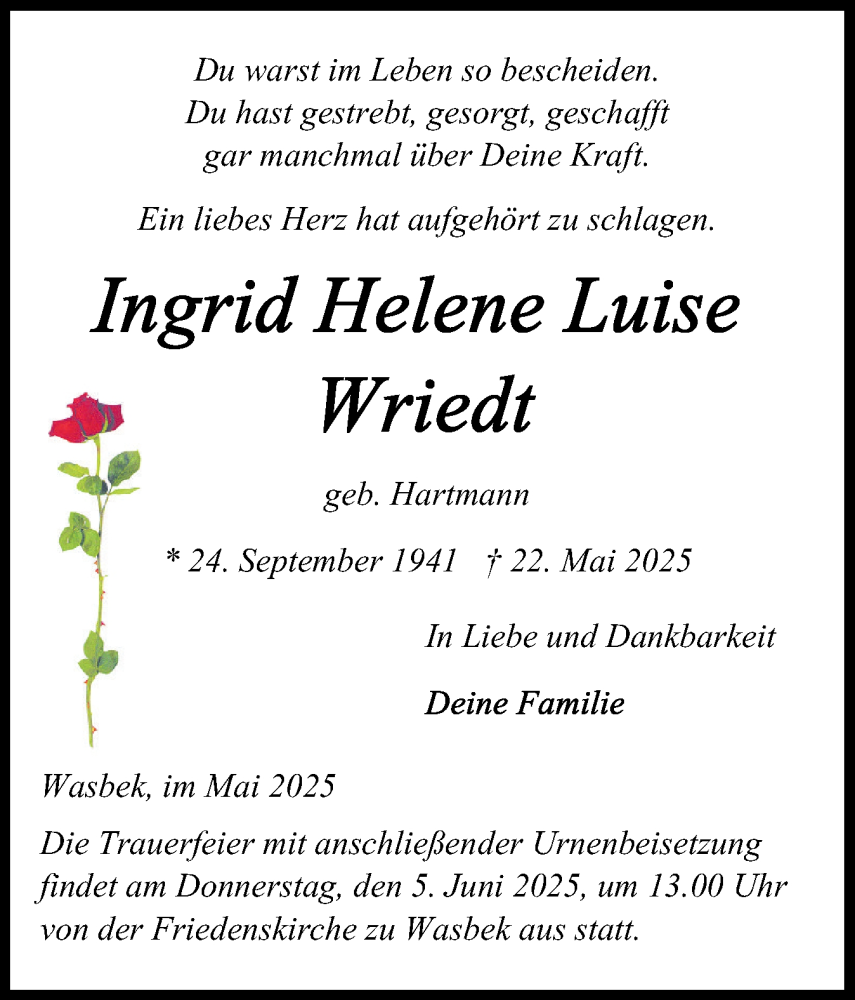  Traueranzeige für Ingrid Helene Luise Wriedt vom 31.05.2025 aus Holsteinischer Courier