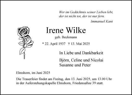 Traueranzeige von Irene Wilke von Elmshorner Nachrichten, Barmstedter Zeitung