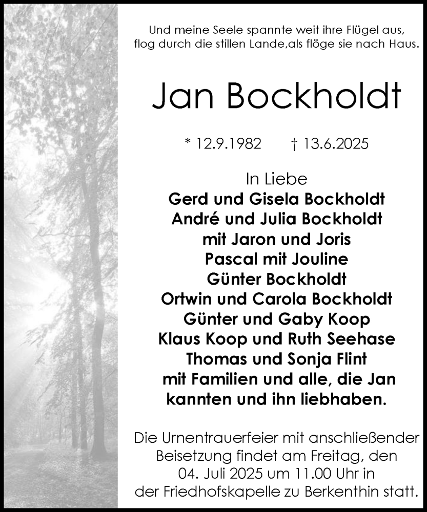  Traueranzeige für Jan Bockholdt vom 28.06.2025 aus MARKT Ratzeburg/Mölln