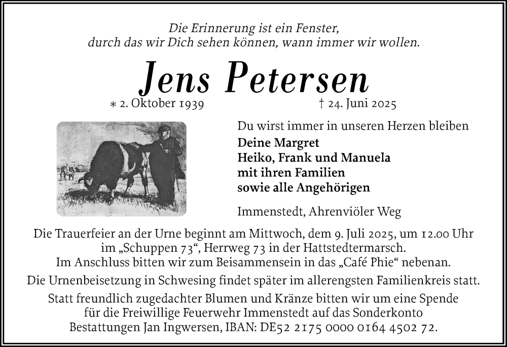  Traueranzeige für Jens Petersen vom 28.06.2025 aus Husumer Nachrichten, Nordfriesland Tageblatt