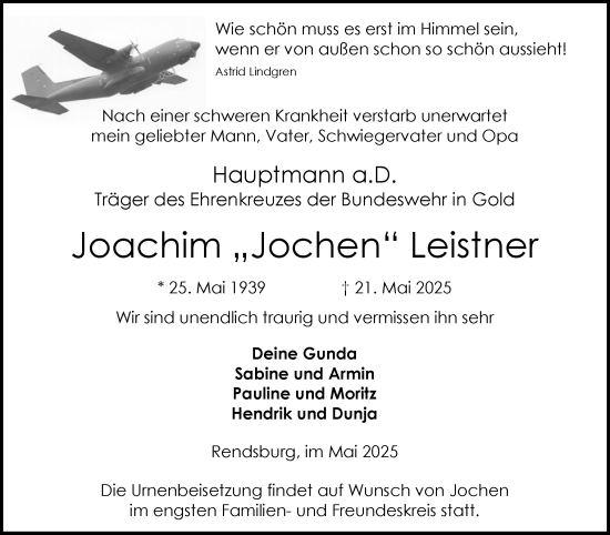 Traueranzeige von Joachim Leistner von Schleswig-Holsteinische Landeszeitung