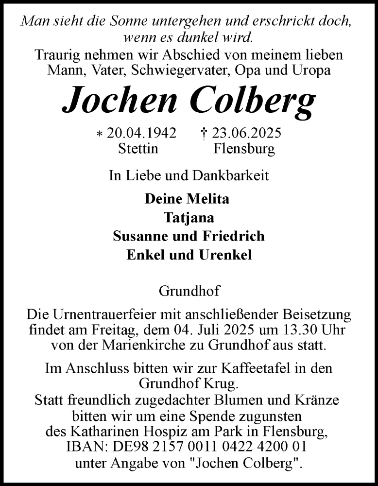  Traueranzeige für Jochen Colberg vom 28.06.2025 aus Flensburger Tageblatt