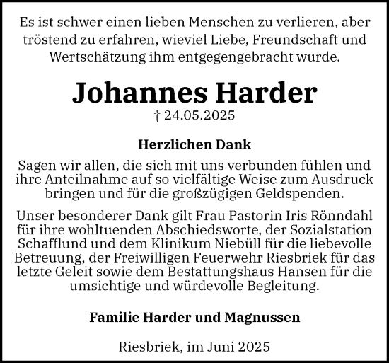 Traueranzeige von Johannes Harder von Region Flensburg