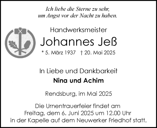 Traueranzeige von Johannes Jeß von Schleswig-Holsteinische Landeszeitung