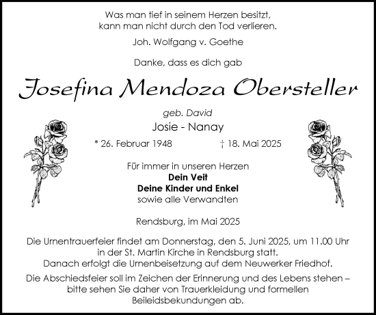 Traueranzeige von Josefina Mendoza Obersteller von Schleswig-Holsteinische Landeszeitung