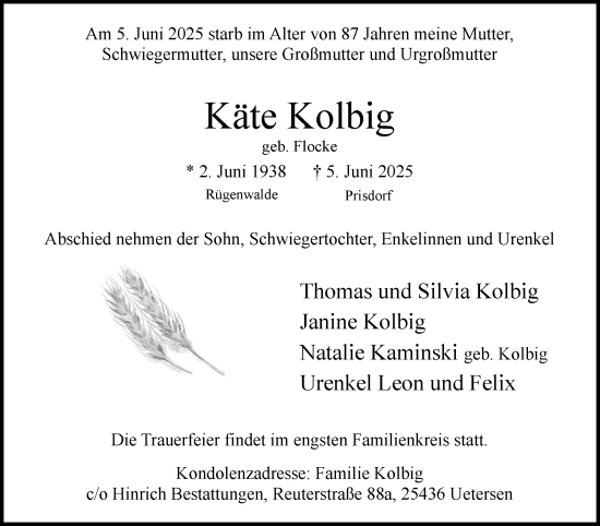 Traueranzeige von Käte Kolbig von Region Pinneberg und tip Pinneberg