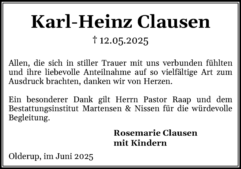  Traueranzeige für Karl-Heinz Clausen vom 21.06.2025 aus Husumer Nachrichten, Nordfriesland Tageblatt