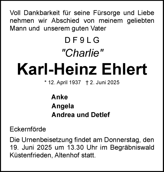 Traueranzeige von Karl-Heinz Ehlert von Eckernförder Zeitung, Hallo Eckernförde
