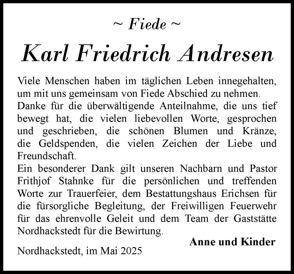  Traueranzeige für Karl Friedrich Andresen vom 31.05.2025 aus Region Flensburg