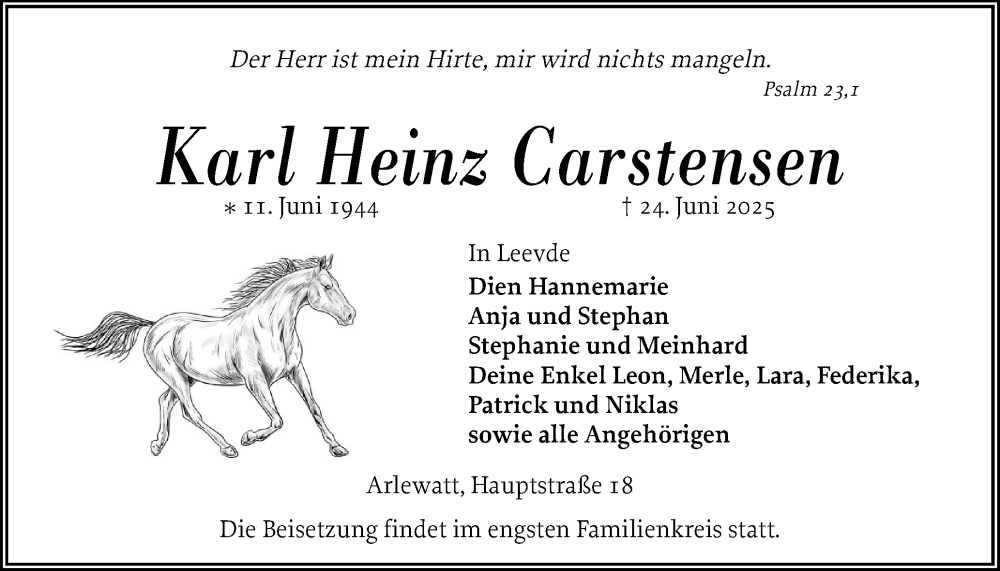  Traueranzeige für Karl Heinz Carstensen vom 28.06.2025 aus Husumer Nachrichten, Nordfriesland Tageblatt