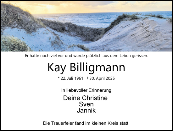 Traueranzeige von Kay Billigmann von Uetersener Nachrichten, Der tip am Wochenende