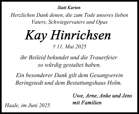 Traueranzeige von Kay Hinrichsen von Schleswig-Holsteinische Landeszeitung