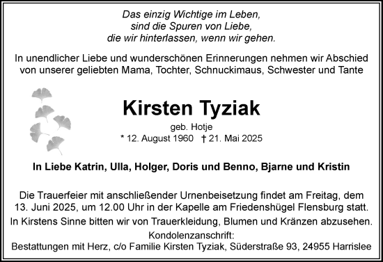 Traueranzeige von Kirsten Tyziak von Flensburger Tageblatt