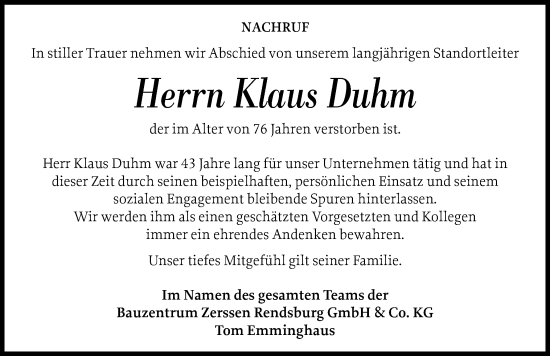 Traueranzeige von Klaus Duhm von Schleswig-Holsteinische Landeszeitung