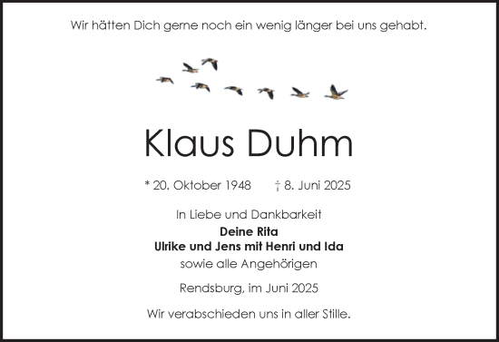 Traueranzeige von Klaus Duhm von Schleswig-Holsteinische Landeszeitung