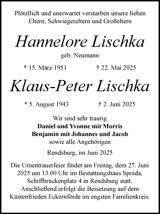 Traueranzeige von Klaus-Peter Lischka von Schleswig-Holsteinische Landeszeitung