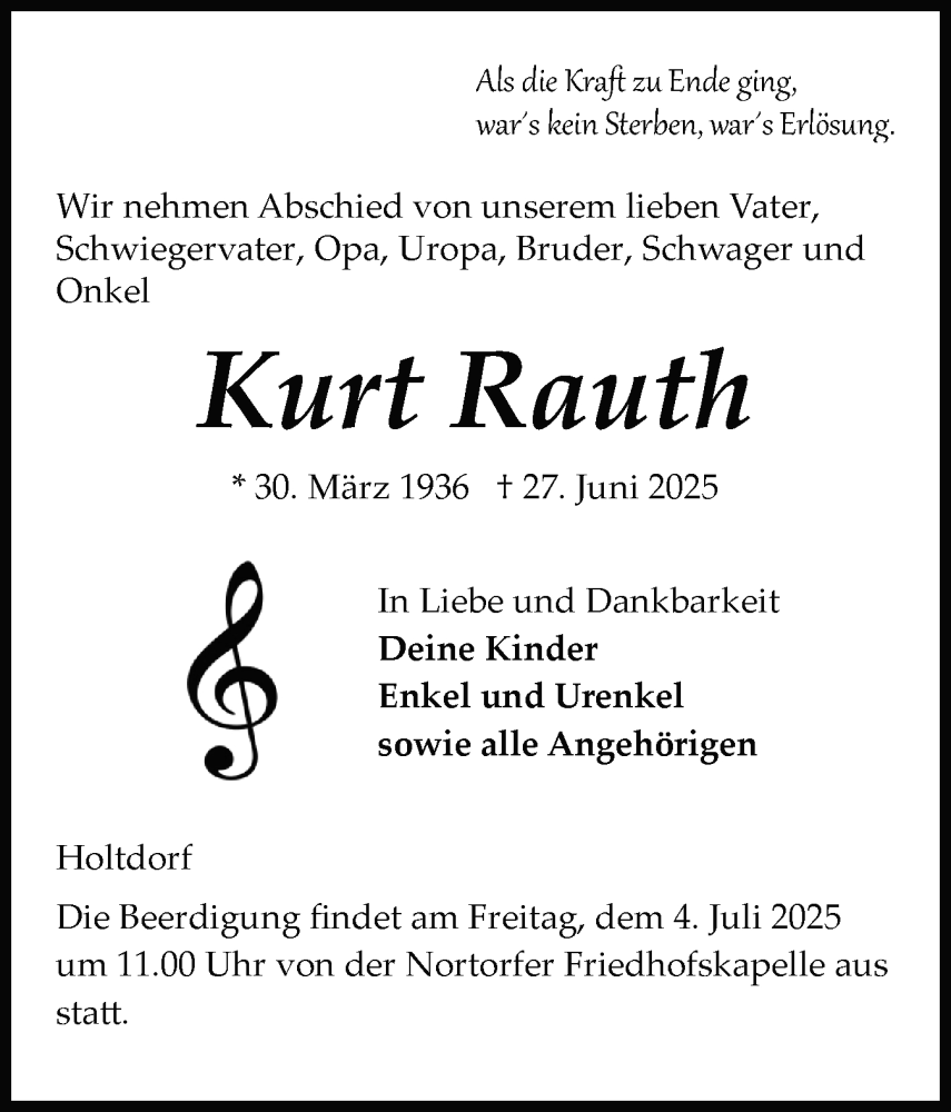  Traueranzeige für Kurt Rauth vom 01.07.2025 aus Schleswig-Holsteinische Landeszeitung