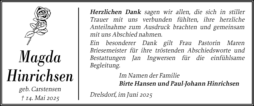  Traueranzeige für Magda Hinrichsen vom 14.06.2025 aus Husumer Nachrichten, Nordfriesland Tageblatt