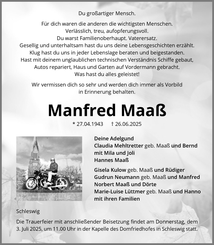  Traueranzeige für Manfred Maaß vom 01.07.2025 aus Schleswiger Nachrichten, Schlei-Bote