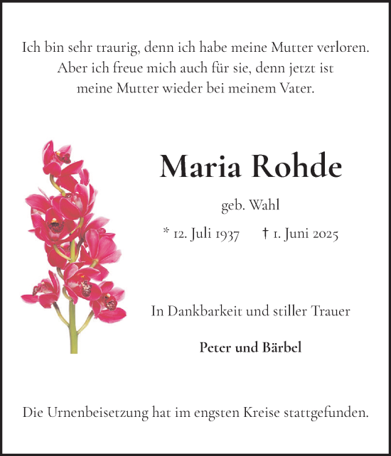 Traueranzeige von Maria Rohde von Elmshorner Nachrichten, Barmstedter Zeitung