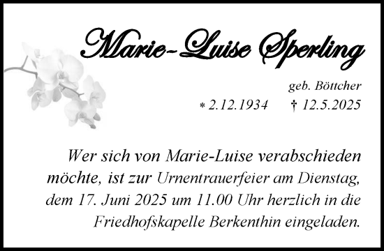 Traueranzeige von Marie-Luise Sperling von MARKT Ratzeburg/Mölln