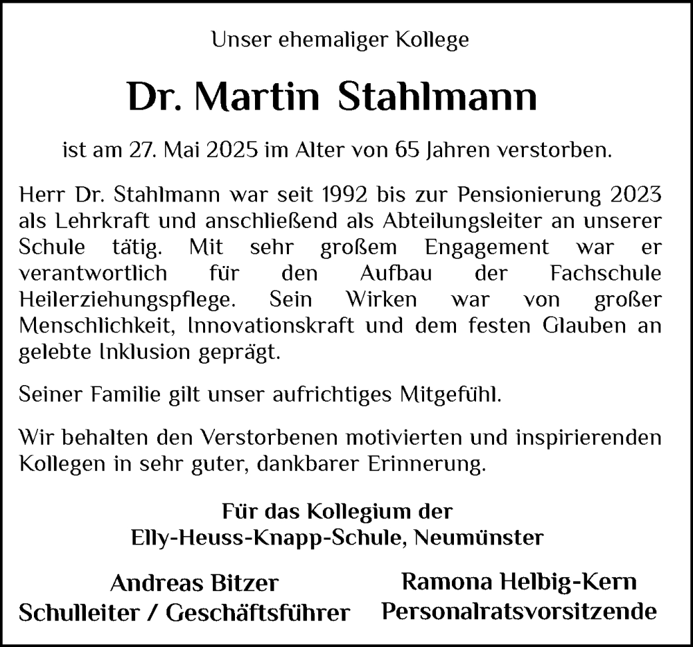  Traueranzeige für Martin Stahlmann vom 07.06.2025 aus Holsteinischer Courier