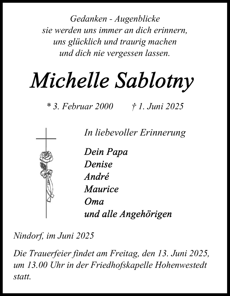  Traueranzeige für Michelle Sablotny vom 11.06.2025 aus Schleswig-Holsteinische Landeszeitung