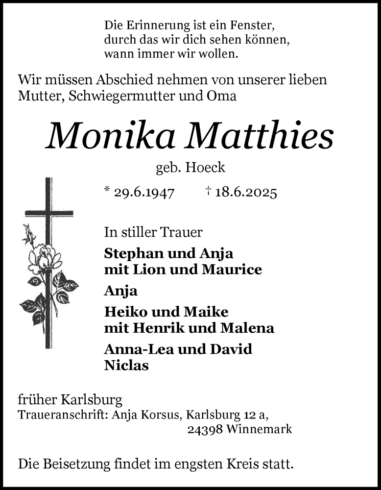  Traueranzeige für Monika Matthies vom 28.06.2025 aus Schleswiger Nachrichten, Schlei-Bote, Eckernförder Zeitung
