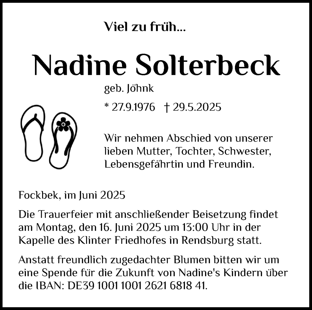  Traueranzeige für Nadine Solterbeck vom 07.06.2025 aus Schleswig-Holsteinische Landeszeitung