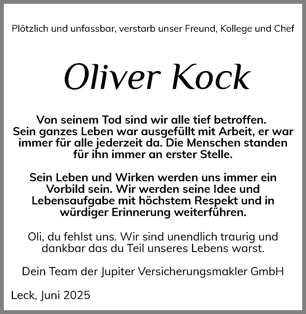  Traueranzeige für Oliver Kock vom 14.06.2025 aus Husumer Nachrichten, Nordfriesland Tageblatt