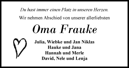 Traueranzeige von Oma Frauke  von Region Flensburg