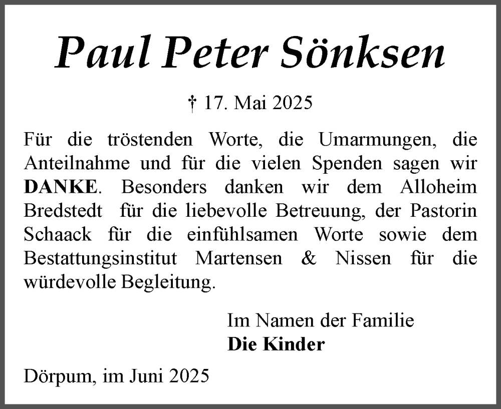  Traueranzeige für Paul Peter Sönksen vom 28.06.2025 aus Husumer Nachrichten, Nordfriesland Tageblatt