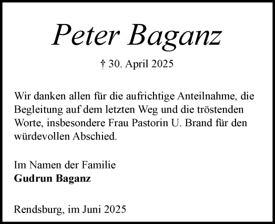 Traueranzeige von Peter Baganz von Schleswig-Holsteinische Landeszeitung