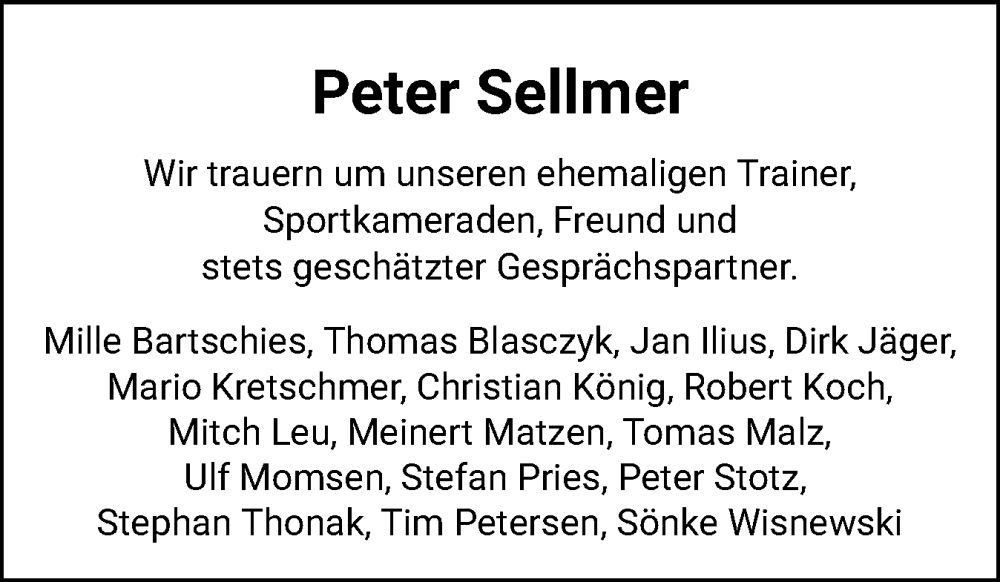  Traueranzeige für Peter Sellmer vom 31.05.2025 aus Flensburger Tageblatt