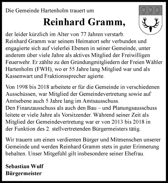 Traueranzeige von Reinhard Gramm von Umschau