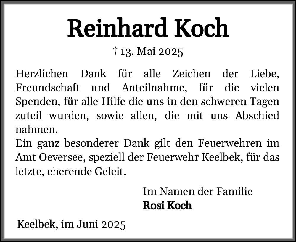  Traueranzeige für Reinhard Koch vom 14.06.2025 aus Flensburger Tageblatt