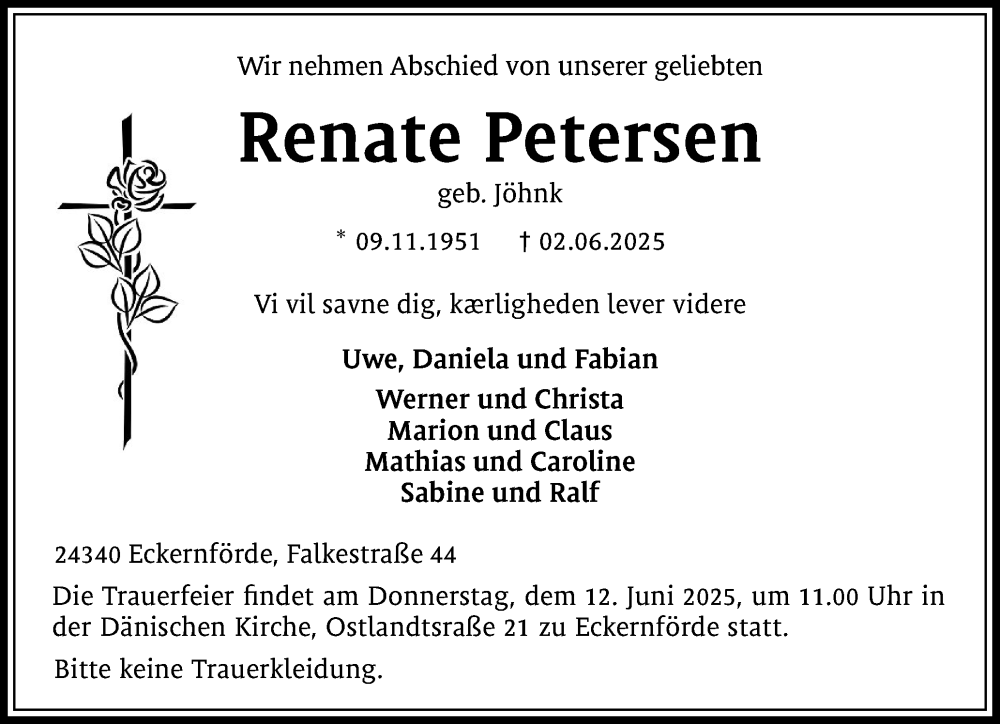  Traueranzeige für Renate Petersen vom 07.06.2025 aus Eckernförder Zeitung