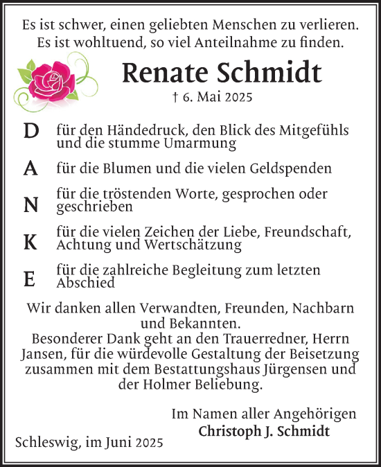 Traueranzeige von Renate Schmidt von Schleswiger Nachrichten, Schlei-Bote