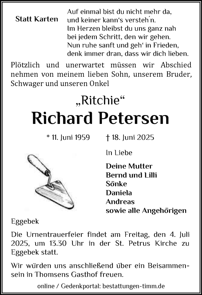 Traueranzeige für Richard Petersen vom 28.06.2025 aus Flensburger Tageblatt