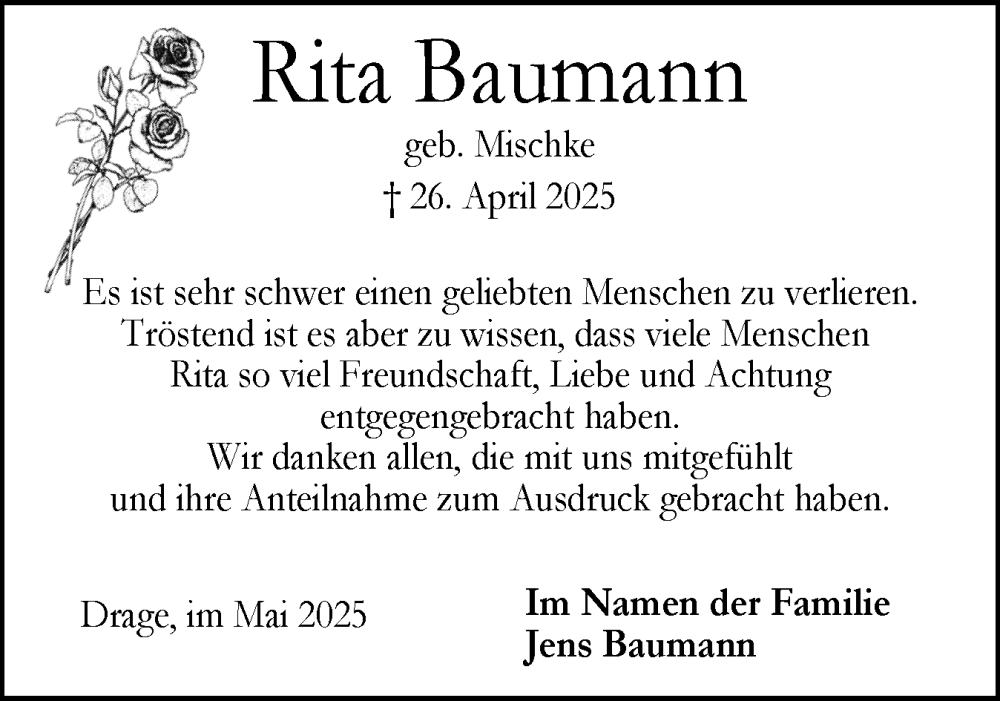  Traueranzeige für Rita Baumann vom 31.05.2025 aus Die WochenSchau Gesamtausgabe