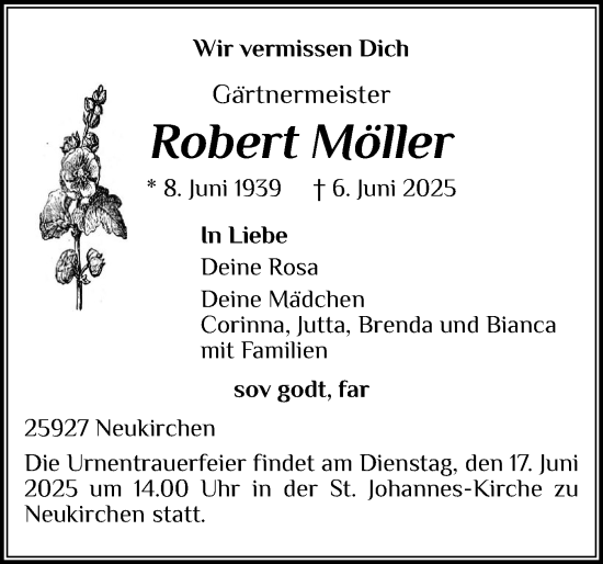 Traueranzeige von Robert Möller von Husumer Nachrichten, Nordfriesland Tageblatt