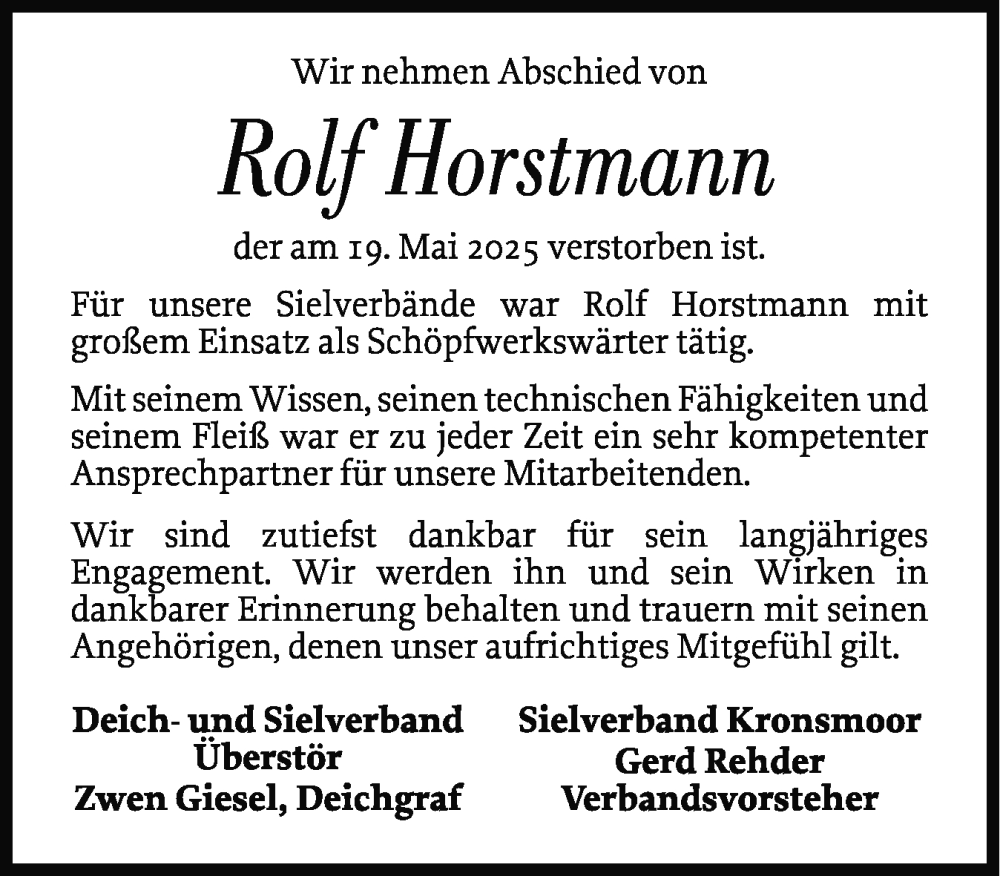  Traueranzeige für Rolf Horstmann vom 25.06.2025 aus Norddeutsche Rundschau, Wilstersche Zeitung, Glückstädter Fortuna