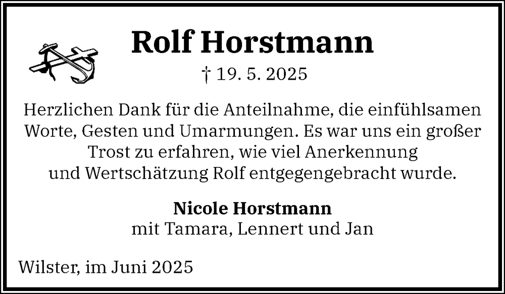  Traueranzeige für Rolf Horstmann vom 28.06.2025 aus Norddeutsche Rundschau, Wilstersche Zeitung, Glückstädter Fortuna